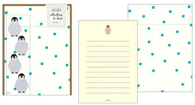 Midori Penguin Letter Set with Stickers- 4 sheets of paper measuring approximately 4 by 5 1/2 inches, along with four envelopes and penguin stickers .
