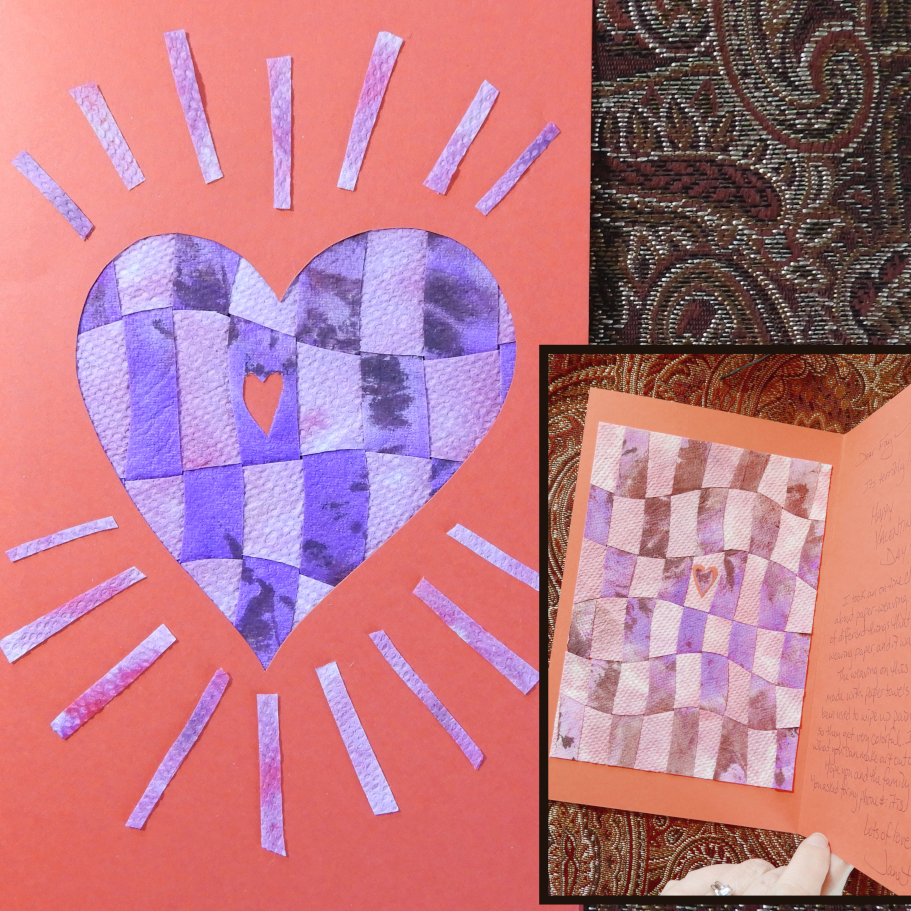 Paper Weaving card sample with purple heart weaving on red paper shown with card open and closed