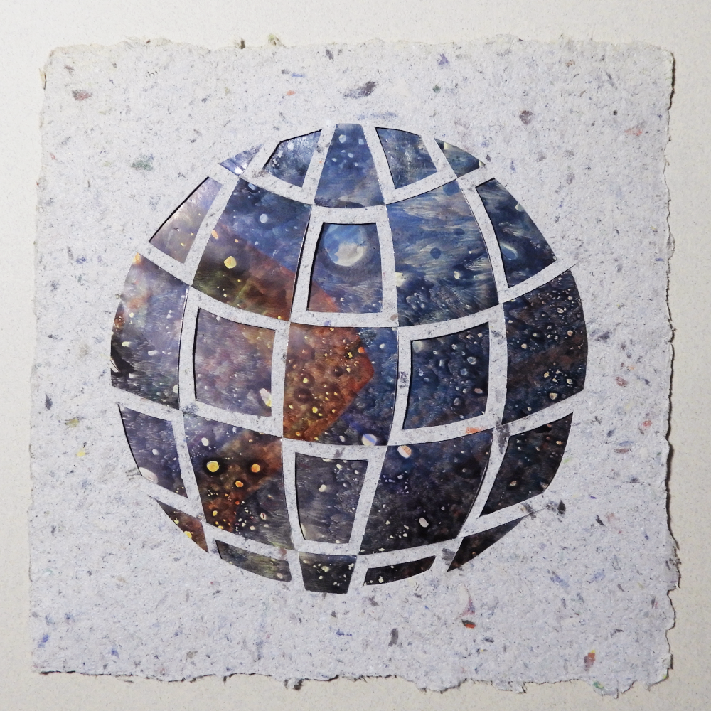 Paper Weaving with handmade paper and painting forming a globe image