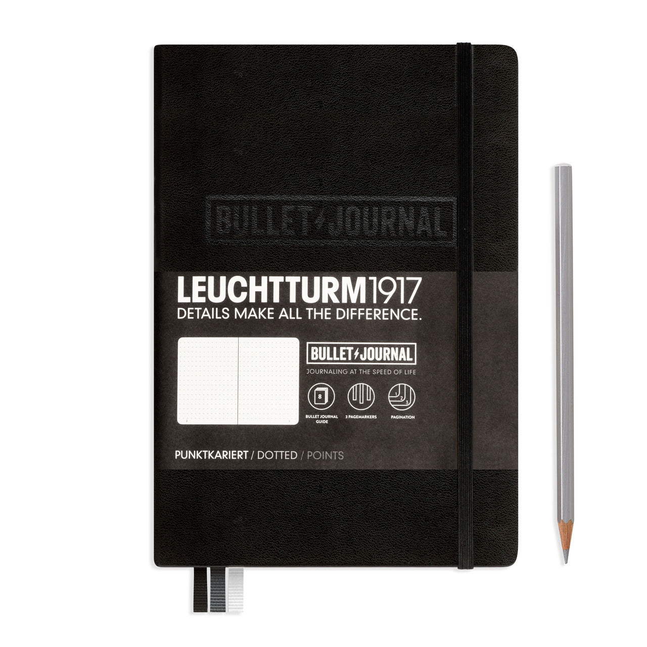 Leuchtturm1917 A5 Bullet Journal with Hardcover, Dotted Pages, and Black Cover. 