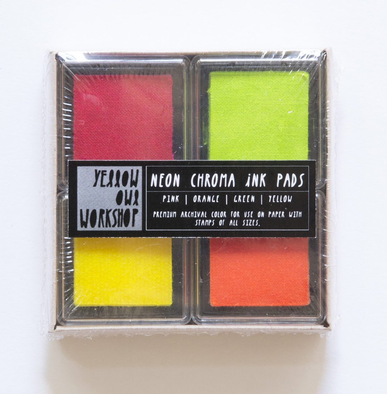Yellow Owl 4 Color Ink Pad Set in  neon pink, neon orange, neon green, and neon yellow will stamp on paper, fabric, wood, metal, and glass. They are perfect for your travel Visual Journaling kit!